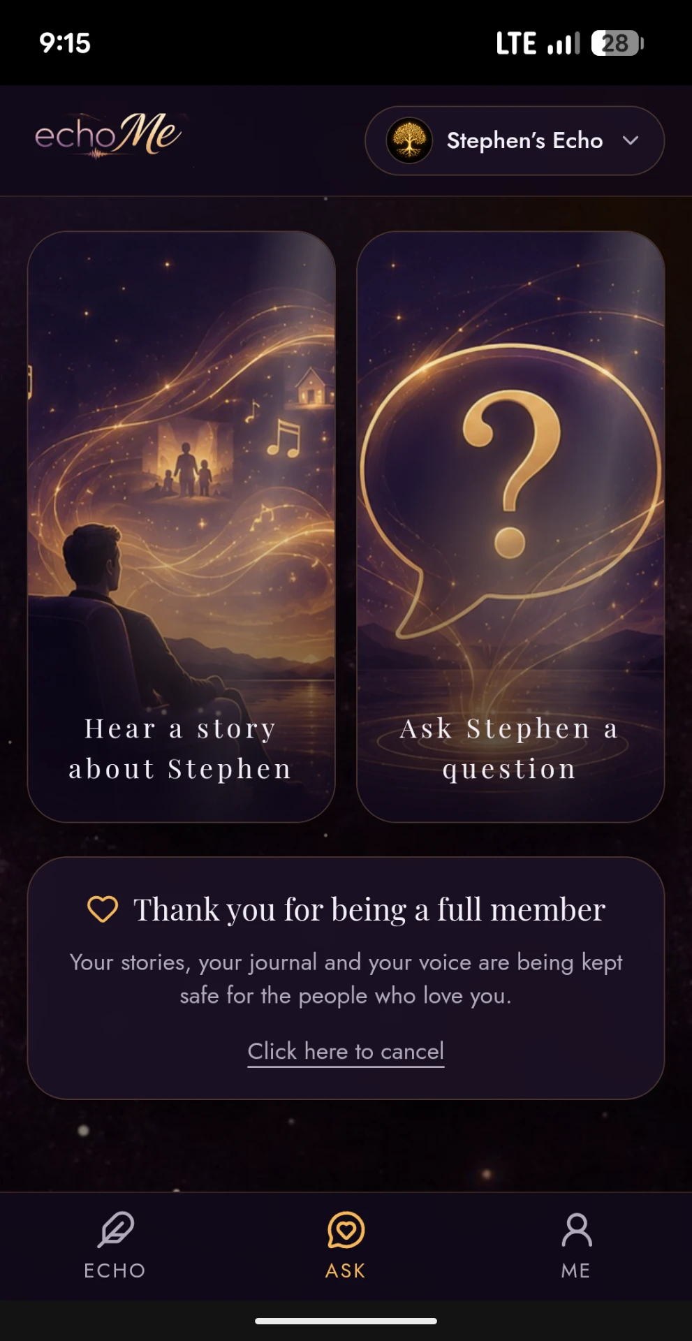echoMe screen for hearing a story or asking a question