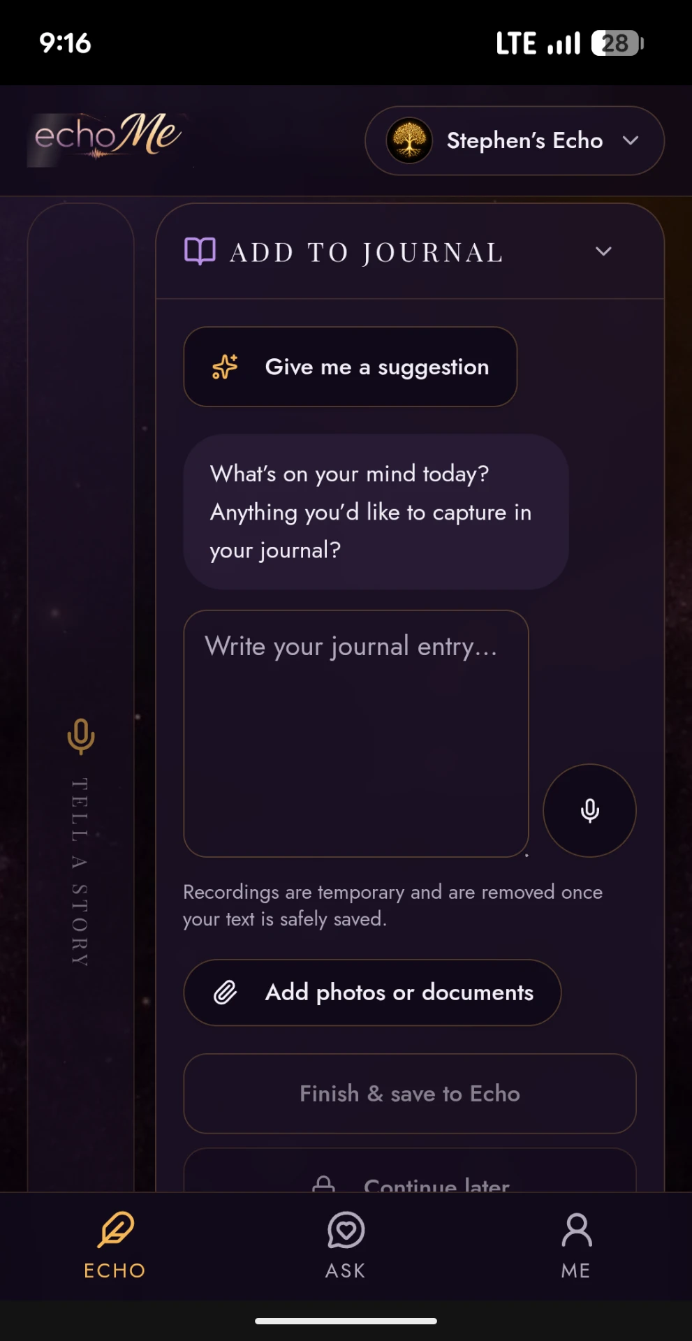 echoMe Add to Journal screen