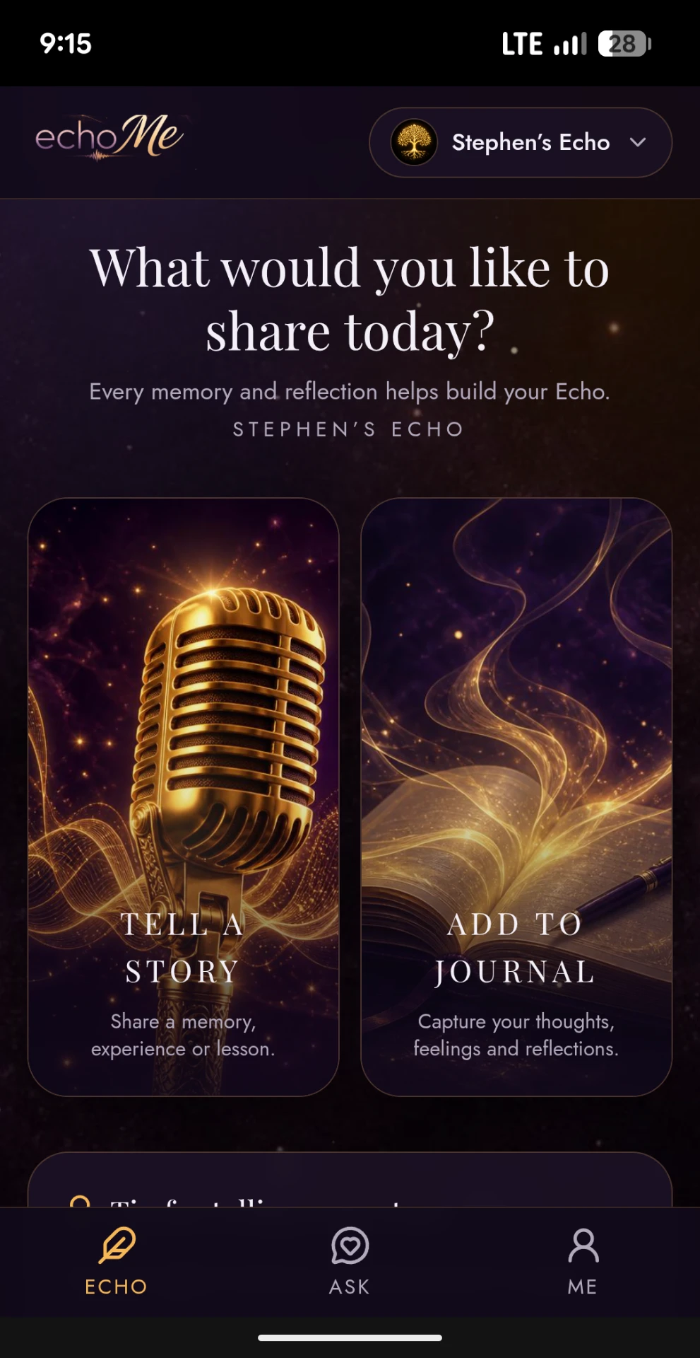 echoMe home screen with Tell a Story and Add to Journal